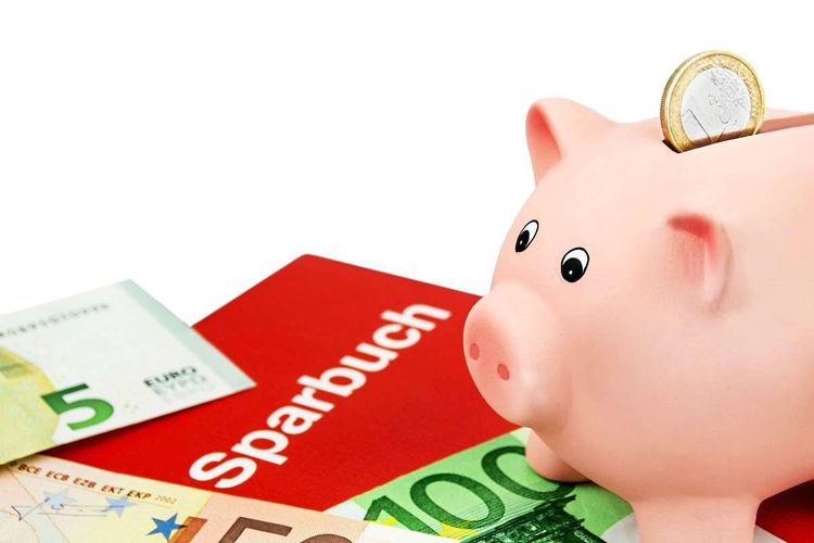 Euro-Geldscheine, ein Sparbuch und ein Sparschwein werden gezeigt. In das Sparschwein wird eine Euro-Münze geschmissen.