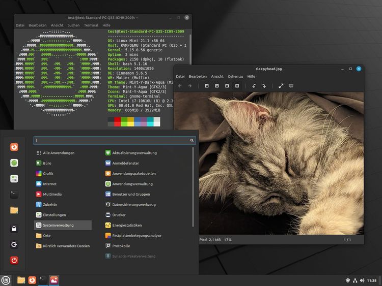 Das Startmenü von Linux Mint mit verschiedenen Programmen ist vor dem Bild einer Katze und Systeminformationen in der Kommandozeile zu sehen.