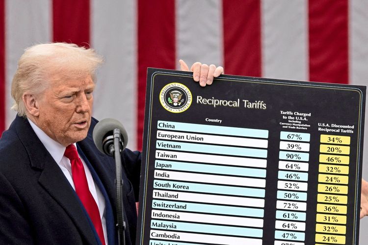 Ein Mann in formeller Kleidung hält ein großes Schild mit der Überschrift „Reciprocal Tariffs“ (Gegenseitige Zölle) in der Hand. Das Schild zeigt eine Tabelle mit Ländernamen, den Zöllen, die von diesen Ländern in die USA erhoben werden, und den Zöllen, die die USA im Gegenzug berechnen. Im Hintergrund befinden sich eine amerikanische Flagge und ein Mikrofon.