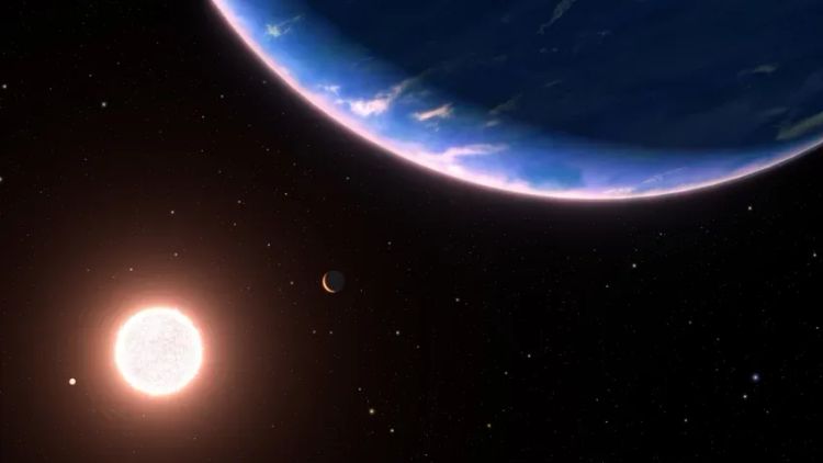 Exoplanet GJ 9827d in Blau mit weißen Schlieren vor dem hellen Stern, den er umkreist