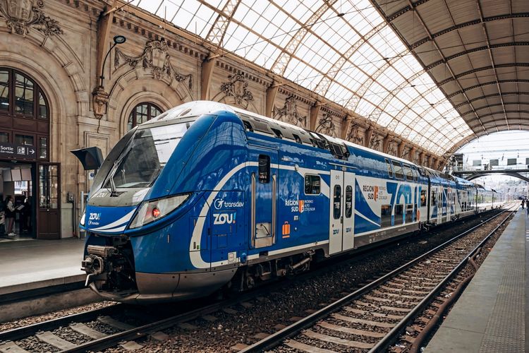 Moderner blauer TER-Regionalzug der Betreiber ZOU! und Transdev steht am Bahnhof Nice Ville in Nizza, Frankreich. Im Hintergrund ist die überdachte Bahnsteigarchitektur zu sehen.