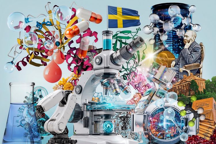 Ein collageartiges Bild, das Wissenschaft und Technologie darstellt: Ein Mikroskop, chemische Strukturen, Moleküle, eine mechanische Roboterhand und eine schwedische Flagge. Im Hintergrund eine sitzende Figur und ein Nobelpreis symbolisierende Elemente, daneben Bücher und Geldscheine.