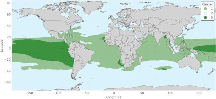 Eingefärbte Weltkarte: Die hellgrünen und besonders die dunkelgrünen Zonen würden sich besonders für die Seetangproduktion nach einem Atomkrieg eigenen.