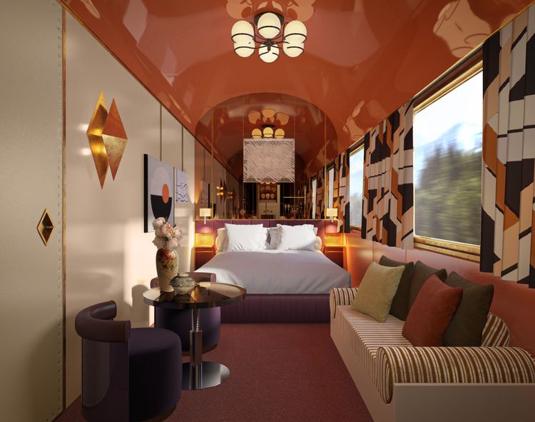 Darstellung einer Suiten-Kabine des Orient Express Zuges La Dolce Vita. Die exklusivsten Unterkünfte kosten mindestens 25.000 € pro Nacht.