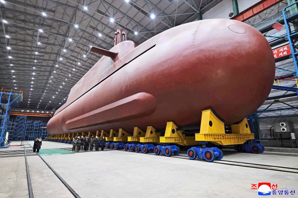 North-Korea-Unveils-the-Completed-Hull-of-What-It-Calls-a-Nuclear-Submarine
