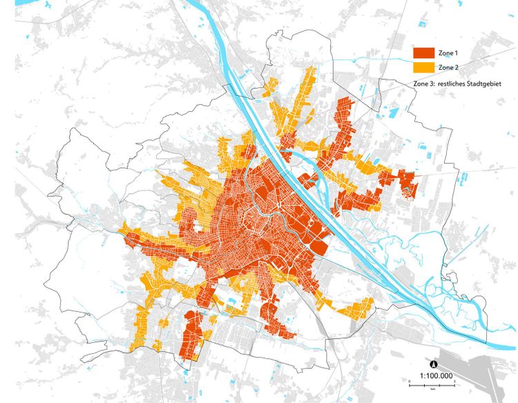 Die Stadt Wien, in drei Zonen eingeteilt.