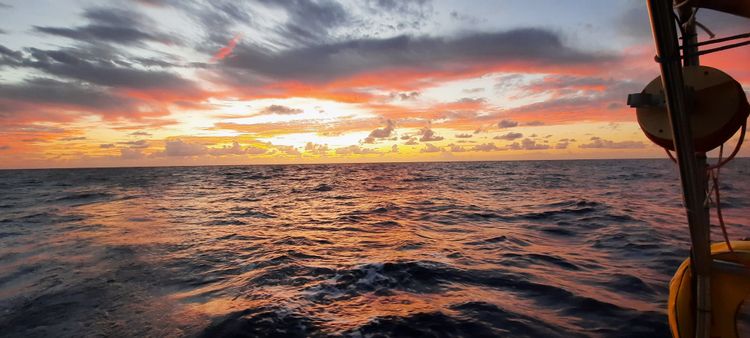 Sonnenaufgang mitten am Atlantik zwischen Kanaren und Karibik während der dreiwöchigen Überfahrt mit einem Segelschiff Ende November 2023. Regatta ARC. Schiff: Rubin