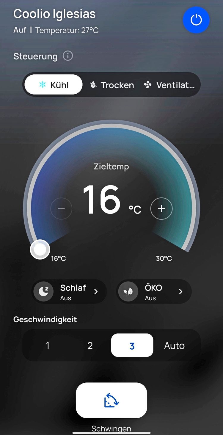 Screenshot einer Steuerungsoberfläche für eine Klimaanlage mit dem Namen 