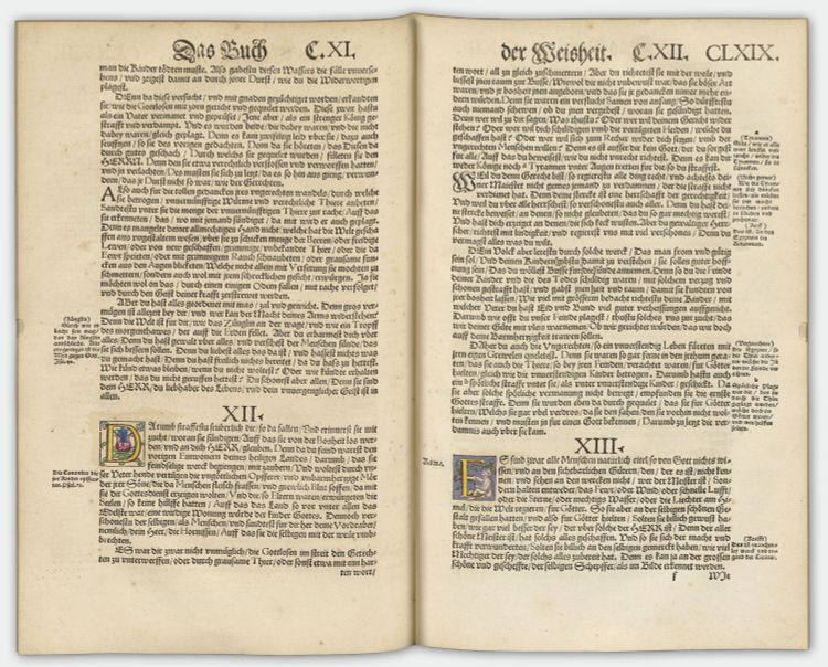 Doppelseite aus der Luther-Bibel, mittelalterliche Handschrift.