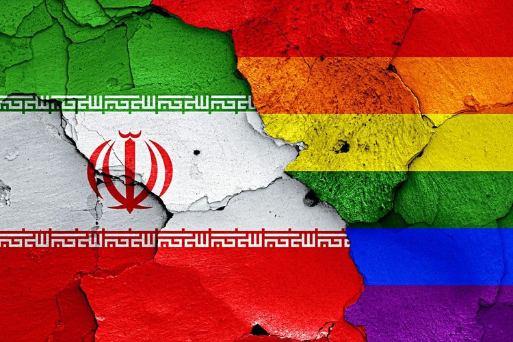 Iranische Flagge und Regenbogenflagge