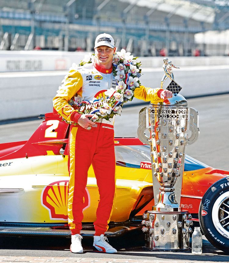 INDIANAPOLIS, IN - MAY 29: NTT IndyCar, Indy Car, IRL, USA series driver Josef Newgarden poses with the Borg Warner Trophy at the traditional winner s photo shoot taken on May 29, 2023, after winning the 107th running of the Indianapolis 500 at the Indianapolis Motor Speedway in Indianapolis Motor Speedway. Photo by Brian Spurlock/Icon Sportswire AUTO: MAY 29 INDYCAR Series The 107th Indianapolis 500 