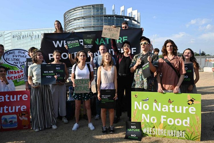 Klimaaktivistinnen und -aktivisten, darunter Greta Thunberg, demonstrieren vor dem Europäischen Parlament in Straßburg. Sie wollen die Abgeordneten dazu animieren, für das Gesetz zu stimmen.