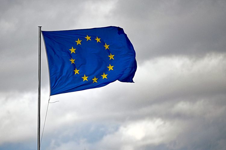 Eine EU-Flagge knattert im Wind vor bewölktem Himmel. Straßburg, Elsass, Frankreich, 16.01.2023