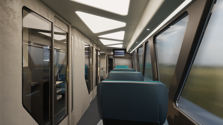 Rendering eines zukunftsweisenden Waggon-Konzepts mit Sitzplätzen und Liegeplätzen.