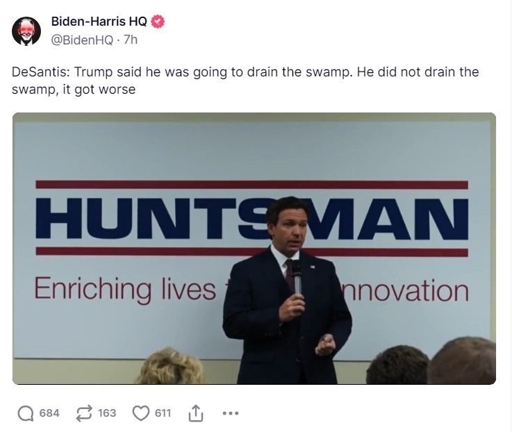 Posting von BidenHQ auf Truth Social, Video von Ron DeSantis, der Trump kritisiert.