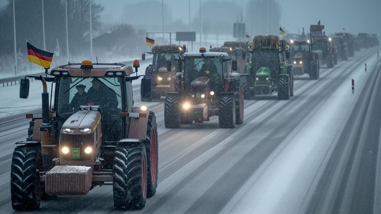 Trakoren fahren auf einer deutschen Autobahn. Bauernprotest. Erzeugt mit der Bilder-KI Midjourney Version 6.