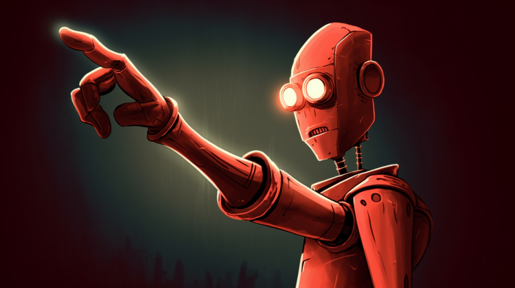 Roter Roboter zeigt mit dem Finger auf ein Objekt außerhalb des Bildbereichs