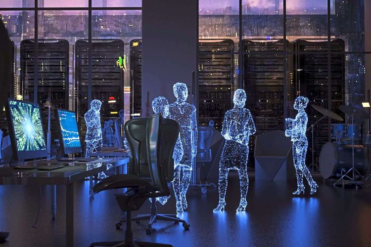 Futuristisch leuchtende Hologramme von Menschen in einem futuristischen, dunklen Büro