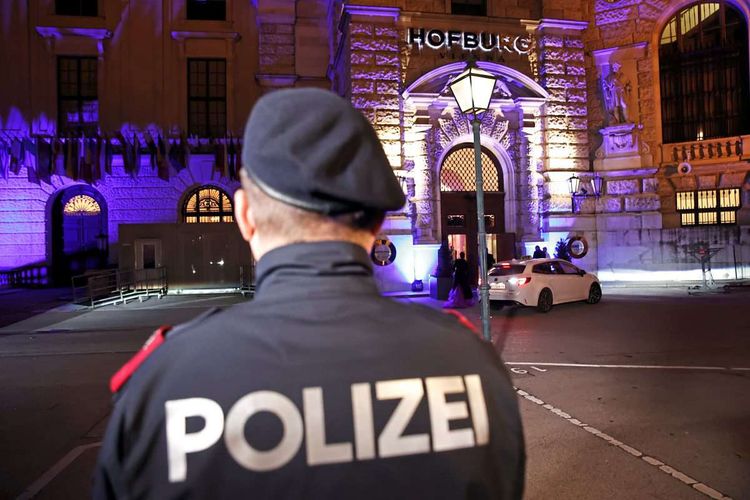 Rückenansicht eines uniformierten Polizeibeamten vor der Wiener Hofburg. 