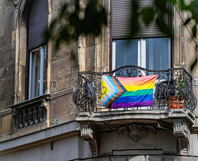 Eine Pride-Progress-Fahne hängt an einem kunstvoll verzierten Balkon eines historischen Gebäudes in Budapest. Im Vordergrund sind leicht unscharfe Blätter sichtbar.