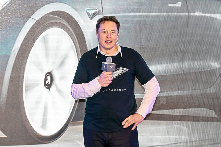 Elon Musk steht vor einem Bild eines seiner Tesla-Modelle und hält ein Mikrofon in der Hand.