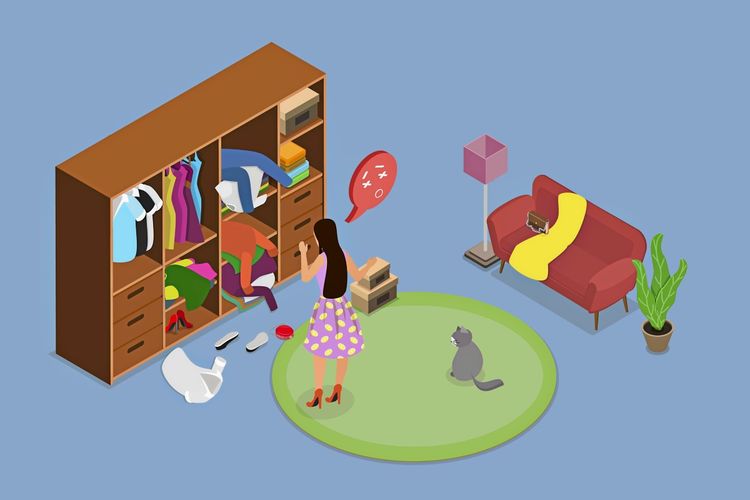 3D-Isometrische Illustration einer Frau vor einem offenen, unordentlichen Kleiderschrank voller durcheinandergeworfener Kleidung und einer Sprechblase mit leidendem Gesichtsausdruck. Schuhe und Kleidungsstücke liegen auf dem Boden. Im Hintergrund befinden sich ein rotes Sofa mit gelber Decke, eine Stehlampe, eine Zimmerpflanze und ein Teppich, auf dem eine graue Katze sitzt.