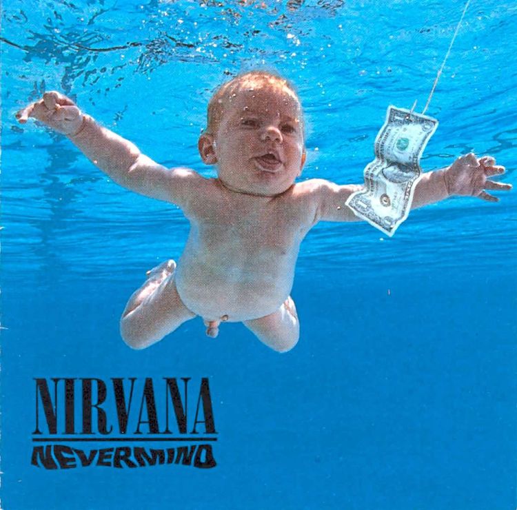 Das Cover des Albums Nevermind der Grunge-Band Nirvana, bei dem ein Baby einem Geldschein hinterherschwimmt.