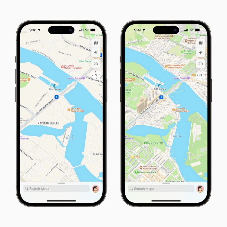 Man sieht zwei iPhones nebeinander, die in Apple Maps Orte in Wien anzeigen.  