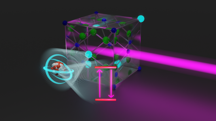 In einem transparenten Würfel sieht man grüne und blaue Teile eines Thoriumkristalls, durch die ein pinker Lichtstrahl führt