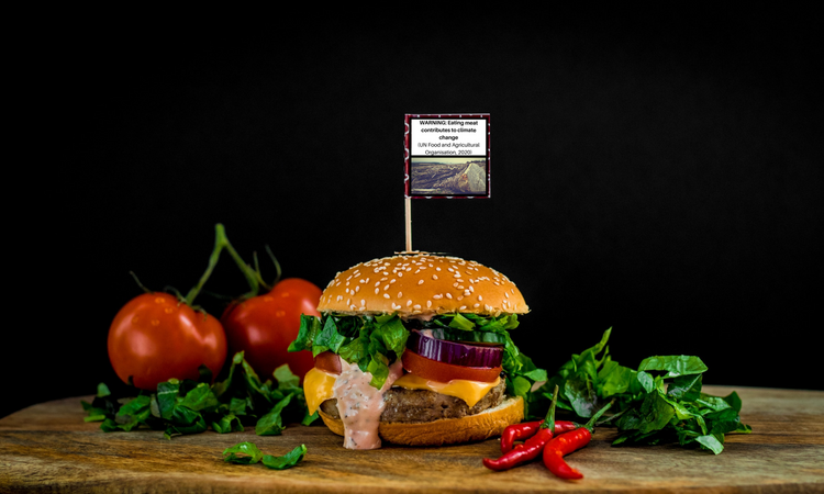 Burger mit eingepikstem Fähnchen, auf dem ein Warnhinweis mit Text und Bild zu sehen ist
