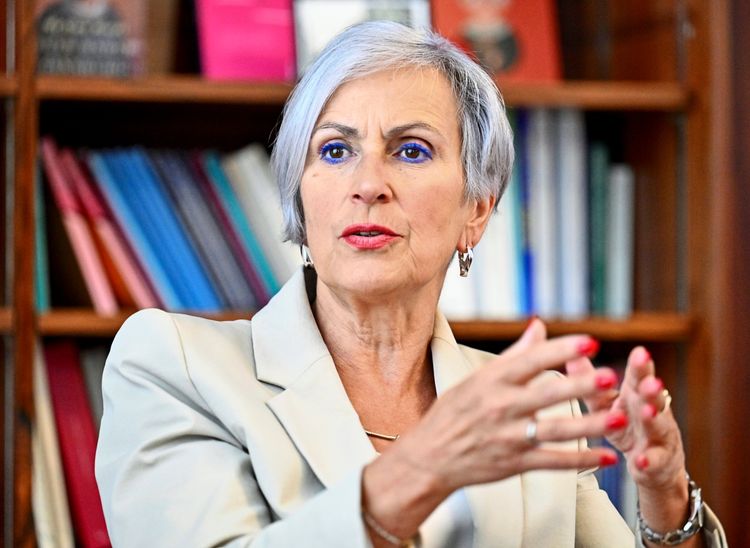 Eine Frau mit kurzen grauen Haaren und hellem Blazer gestikuliert während eines Gesprächs. Im Hintergrund sind Bücherregale mit bunten Büchern zu sehen.