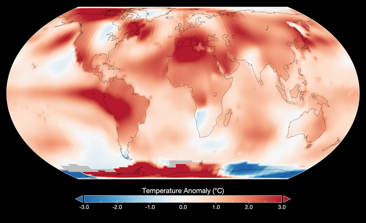 Eine Weltkarte mit eingezeichneten Bereichen erhöhter Temperatur.