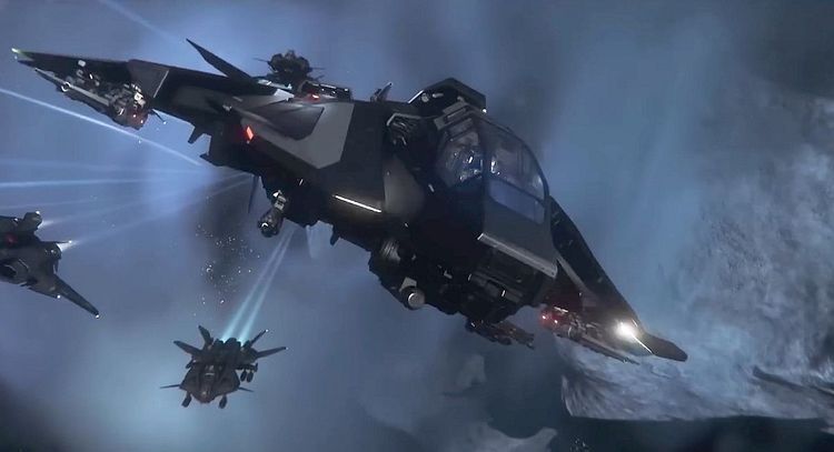 Ein Screenshot aus Star Citizen, ein Raumschiff fliegt auf die Kamera zu