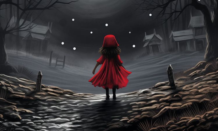 Ein von der Bilder-KI generiertes Bild von Rotkäppchen im finsteren Wald