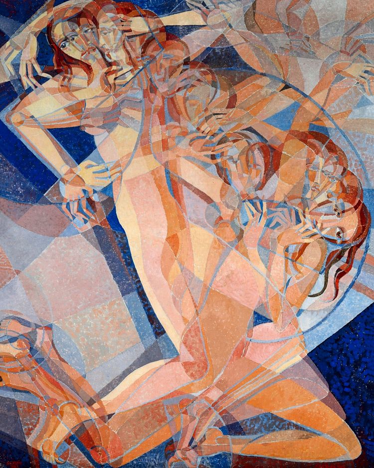 Gemälde von Erika Giovanna Klien aus dem Jahr 1927, mit dem Titel „Kinetische Figur“. Das Werk zeigt eine abstrakte, dynamische Darstellung einer menschlichen Figur in Bewegung, unter Verwendung überlappender, geometrischer Formen in warmen und kühlen Tönen wie Rosa, Orange und Blau.