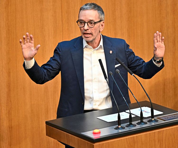 Ein Mann in Anzug und Brille steht an einem Rednerpult mit mehreren Mikrofonen. Er gestikuliert mit erhobenen Händen und spricht vor einer Holzwand im Parlament. Auf dem Pult liegen Dokumente.