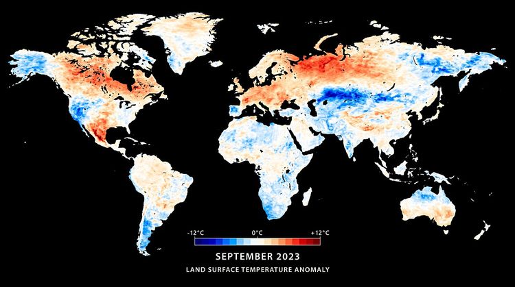 Grafik Weltkugel mit rötlich oder bläulich gefärbten Regionen. Vor allem auf der Nordhalbkugel war es 2023 im September viel wärmer als während der Vergleichsperiode, in Zentralasien etwa war es vergleichsweise kälter.