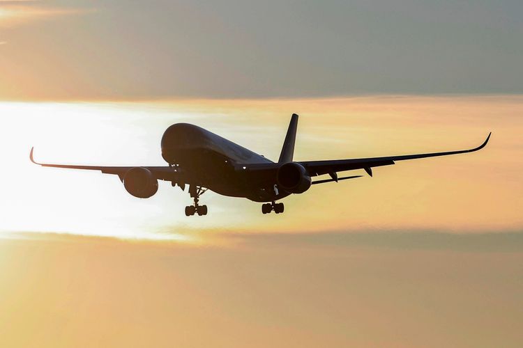 Ein Airbus A350-900 mit Sonderlackierung anlässlich des 100-jährigen Jubiläums der Lufthansa landet während des Sonnenuntergangs am Flughafen München.
