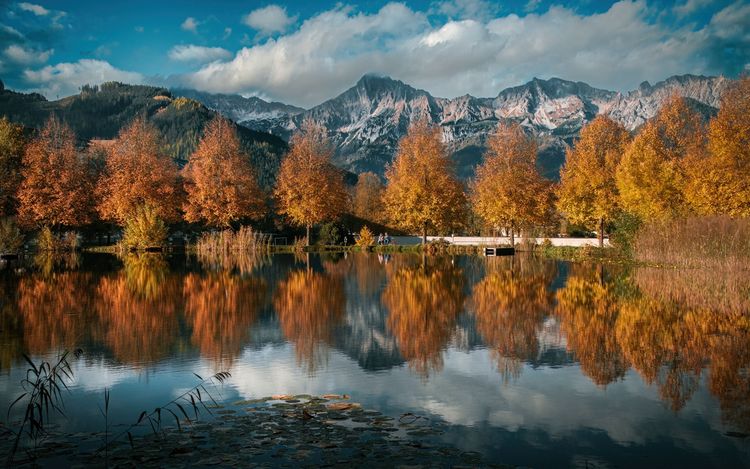 Herbstliche Bäume am See in der Steiermark.