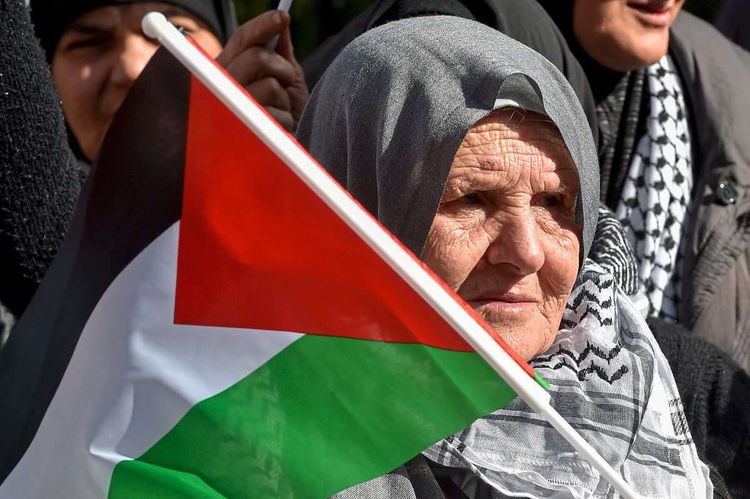 Frau mit Palästinensertuch und Fahne.