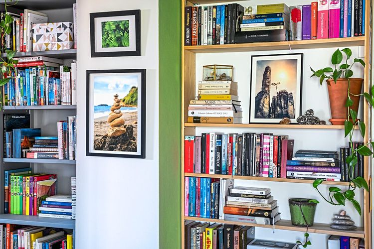 Ein Wohnraum, in dem man einige Bücher in Regalen stehen und liegen sieht