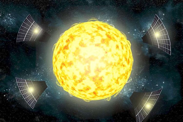 Ein Stern, umgeben von riesigen Solarmodulen.