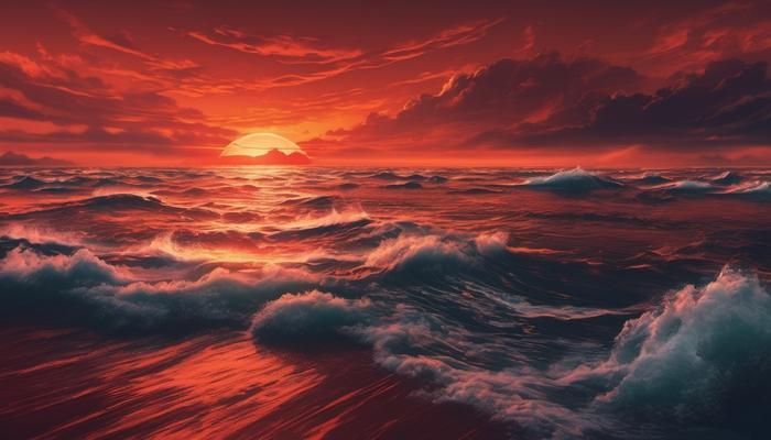Ein Ozean mit einer roten, untergehenden Sonne am Horizont.