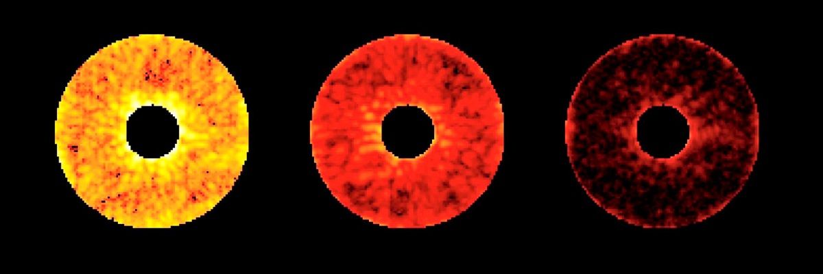 Drei kreisförmige Grafiken auf schwarzem Hintergrund zeigen die schrittweise Reduzierung von Streulicht in Simulationen des Coronagraph-Instruments des Nancy Grace Roman-Weltraumteleskops. Links ist der Kreis gelb mit roten Flecken (höheres Streulicht), in der Mitte mehrheitlich rot (reduziertes Streulicht) und rechts überwiegend schwarz (minimales Streulicht). Dieses Ergebnis wird durch die Anwendung von Masken und deformierbaren Spiegeln erreicht, die das Streulicht blockieren und entfernen, um Exoplaneten sichtbar zu machen.