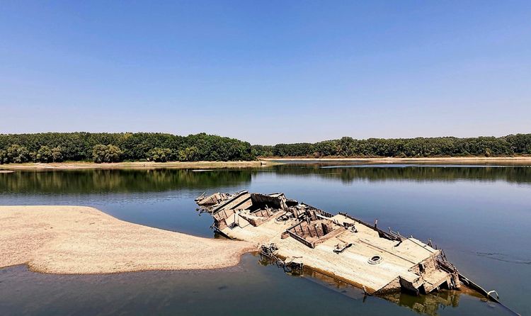 In der Mitte des Bildes liegt ein teils freigelegtes, verrottetes Wrack eines deutschen Kriegsschiffs aus dem Zweiten Weltkrieg im Flussbett der Donau nahe Prahovo, Serbien. Niedrige Wasserstände aufgrund von Hitze und Dürre haben es freigelegt. Im Hintergrund sind bewaldete Ufer und der klare Himmel zu sehen.