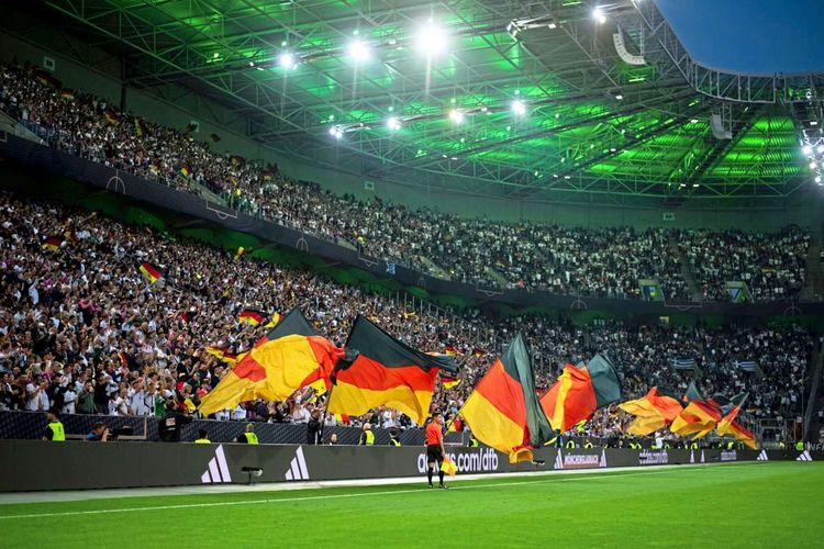 Fans von Deutschland jubeln über ein Tor und schwenken Fahnen