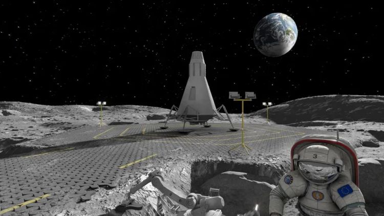 Gerendertes Bild der Mondoberfläche mit einem Landeplatz, auf dem ein Mondlander steht, im Vordergrund arbeitet ein Astronaut in Esa-Raumanzug, im Hintergrund ist der Blick frei auf den weit entfernten Planeten Erde