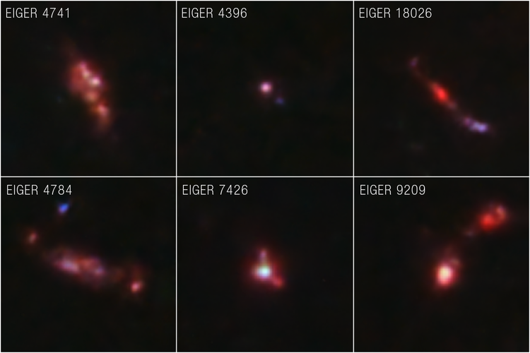 Die Bilder, die Webb von sechs sehr alten Galaxien aufnahm.