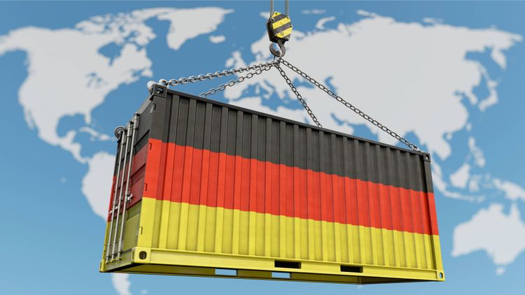 Deutsche Exportwirtschaft - Container in Schwarz Rot Gold mit Weltkarte im Hintergrund Symbolbild zum Thema Exportnation
