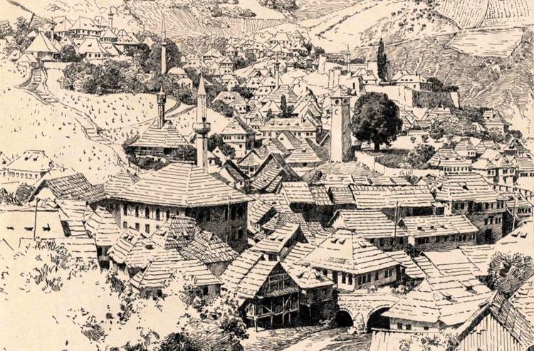 Ansicht von Travnik vor den Stadtbränden von 1903